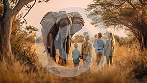 African elephant family walking together in the African savannah generated by AI