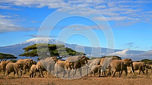 African Elephant Herd Kilimanjaro Mountain Tanzania