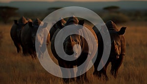 African elephant herd grazing on savannah at sunset, walking outdoors generated by AI