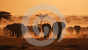 African elephant herd grazing at sunrise on savannah generated by AI