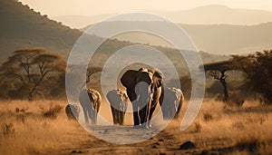 African elephant herd grazing at sunrise on savannah generated by AI