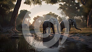 African elephant herd in tranquil sunset safari landscape reflection generated by AI