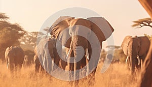 African elephant herd walking in the sunset, nature tranquil beauty generated by AI