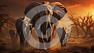 African elephant herd walking in sunset, nature tranquil beauty generated by AI