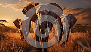 African elephant herd walking in the sunset on the savannah generated by AI