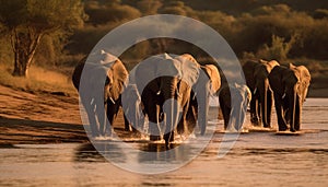 African elephant herd walking towards waterhole at sunset safari generated by AI