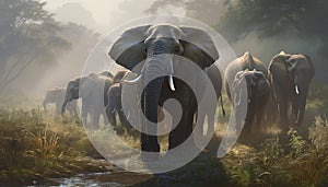African elephant herd walking in tranquil savannah at sunrise generated by AI