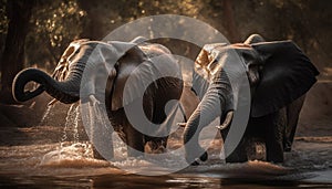 African elephant herd walking in tropical wilderness generated by AI