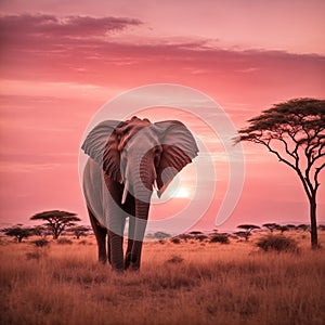 African elephant at pink sunset