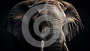 African elephant portrait, close up of wrinkled trunk and tusks generated by AI