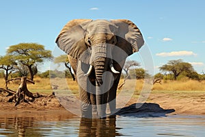 African elephant quenching its thirst, creating a tranquil waterhole scene.