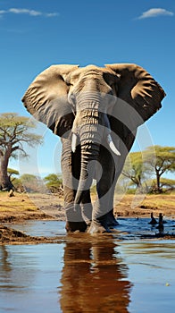 African elephant quenching its thirst, creating a tranquil waterhole scene.