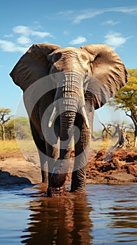 African elephant quenching its thirst, creating a tranquil waterhole scene.