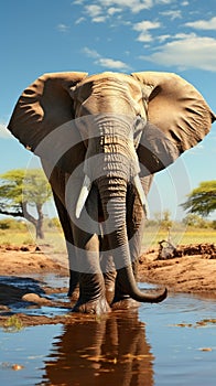 African elephant quenching its thirst, creating a tranquil waterhole scene.