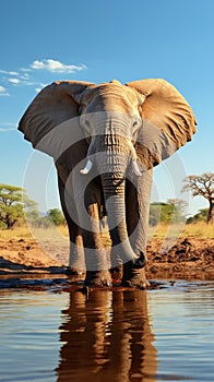 African elephant quenching its thirst, creating a tranquil waterhole scene.