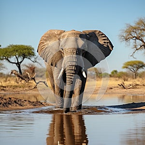 African elephant quenching its thirst, creating a tranquil waterhole scene.