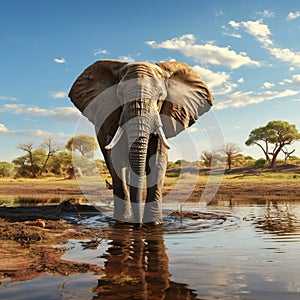 African elephant quenching its thirst, creating a tranquil waterhole scene.