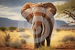 African elephant in the savannah. Created with generative AI technology.