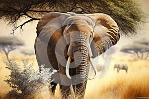 African elephant in the savannah. Created with generative AI technology.