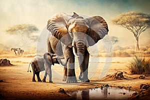 African elephant in the savannah. Created with generative AI technology.
