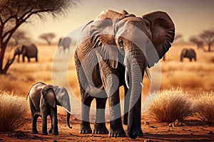 African elephant in the savannah. Created with generative AI technology.