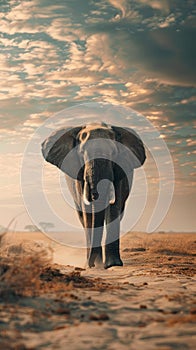 African elephant walking on dusty trail with savanna background