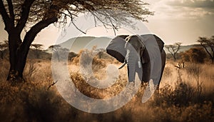 African elephant walking in the savannah at sunrise with herd generated by AI