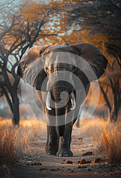 African elephant walking towards the camera in forest