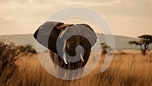 African elephant walking in tranquil savannah, tusk and ear prominent generated by AI