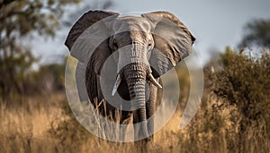 African elephant walking through tranquil savannah, tusk and trunk prominent generated by AI