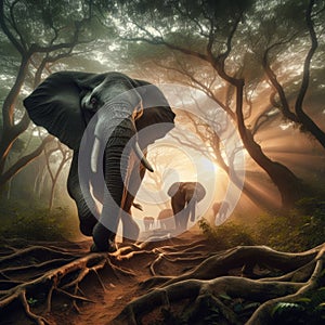 African elephant walks through the African rainforest forest