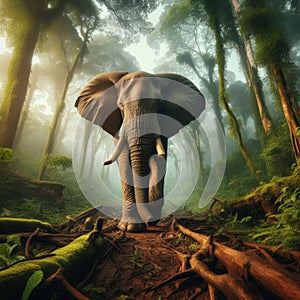 African elephant walks through the African rainforest forest