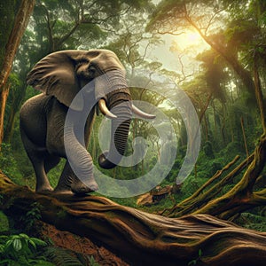 African elephant walks through the African rainforest forest