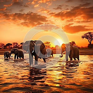 of African Elephants drinking water from Chobe River at Wildlife Safari and boat cruise in the Chobe National