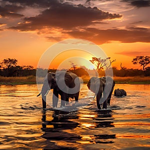 of African Elephants drinking water from Chobe River at Wildlife Safari and boat cruise in the Chobe National