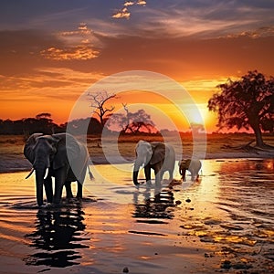 of African Elephants drinking water from Chobe River at Wildlife Safari and boat cruise in the Chobe National