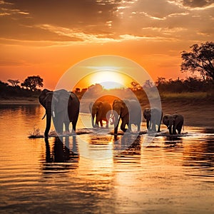 of African Elephants drinking water from Chobe River at Wildlife Safari and boat cruise in the Chobe National