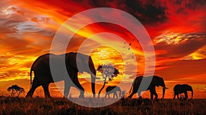 African Elephants Roaming in Fiery Sunset