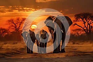 African elephants in the savannah at sunset - 3D render.