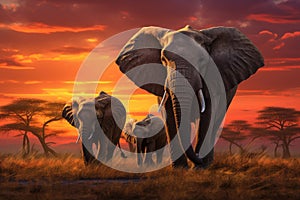 African elephants at sunset in Chobe National Park, Botswana, Africa, African savannah captured at sunset with two elephants