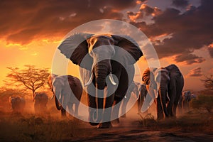 African elephants at sunset, Kruger National Park, South Africa, Herd of elephants in the savanna at sunset, AI Generated