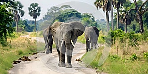 African Elephants Walking on a Dirt Road: One Young Female Facing Camera with Others Behind Green