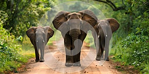 African elephants walking on dirt road one young female facing camera others behind green tree . Concept Wildlife Photography,