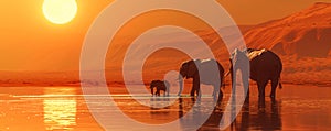 African elephants walking through the savanna plains on sunset or sunrise. Wild nature, Kenya panoramic view