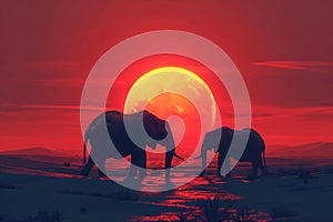 African elephants walking through the savanna plains on sunset or sunrise. Wild nature, Kenya panoramic view