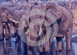 African elephants at waterhole,digital art