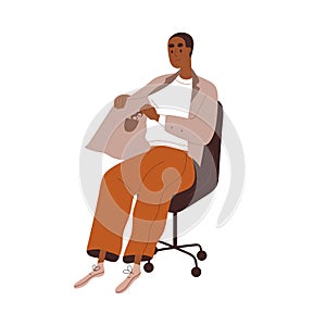 African employee sitting in chair, putting glasses into inner pocket. Black man clerk, businessman in armchair. Office