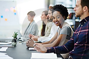 African employee, smile portrait and meeting in boardroom, colleagues and learn. Businesswoman, office and workshop for