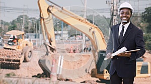 African engineers manager control the road rebuilding and inspect the construction site