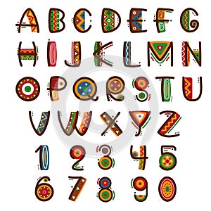 African ethnic primitive font. Hand drawn brightly safari alphabet